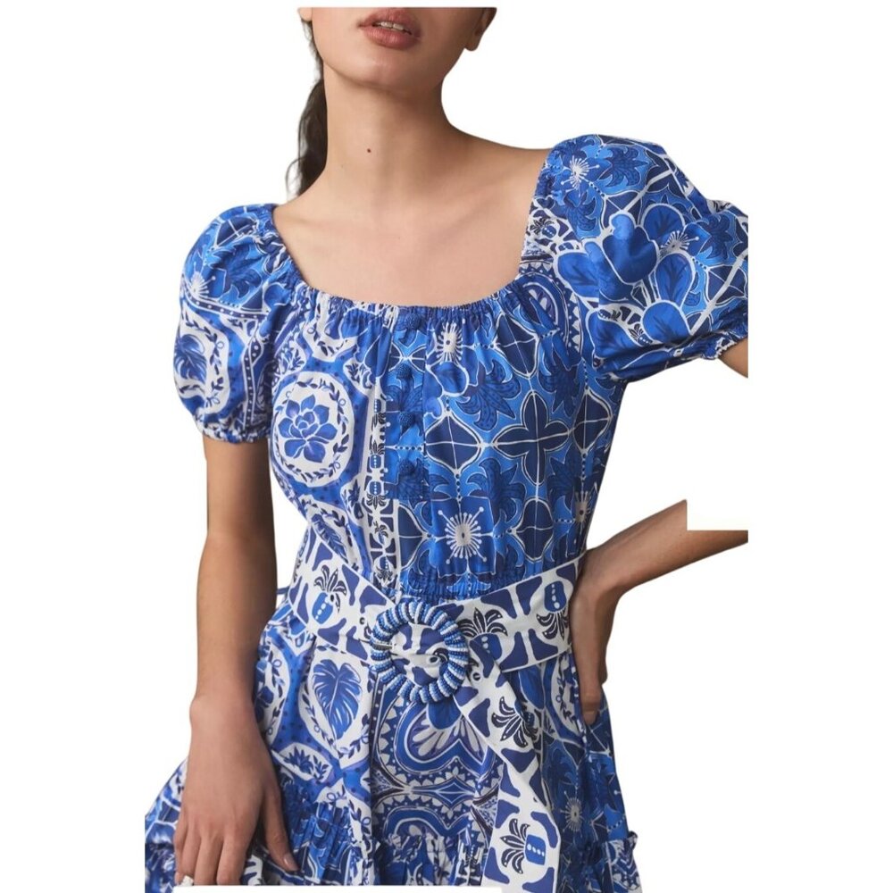 Farm Rio Maxi Blue And White Belted Dress Size L Anthropologie Blue Tile Dream - Picture 2 of 15